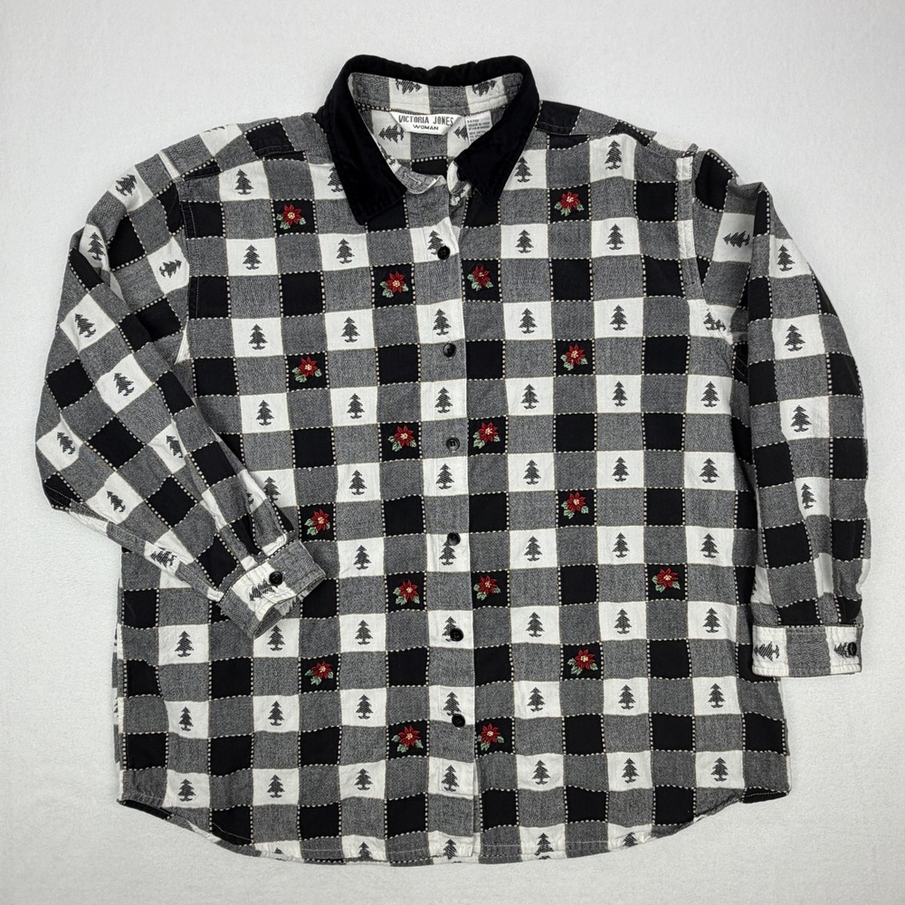 Vintage Victoria Jones Woman 2X Holiday Shirt Black & White Checker